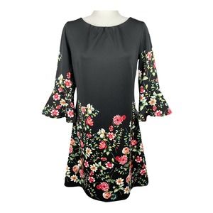 New York Company Womens Medium Stretch A-line Bell Sleeve Dress Black Floral